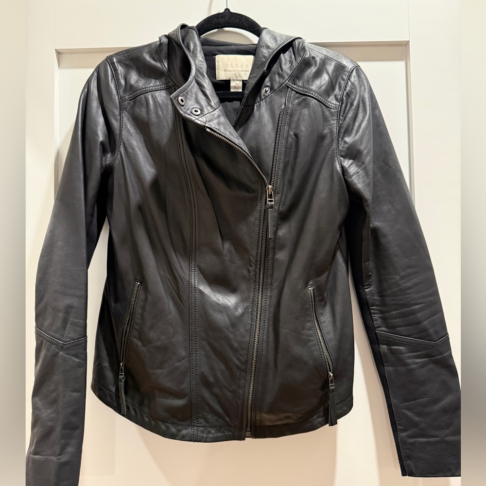 Hinge Seattle Black Genuine Leather Hooded Moto Jacket